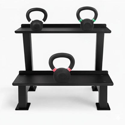 Black kettlebell with rack on a white background