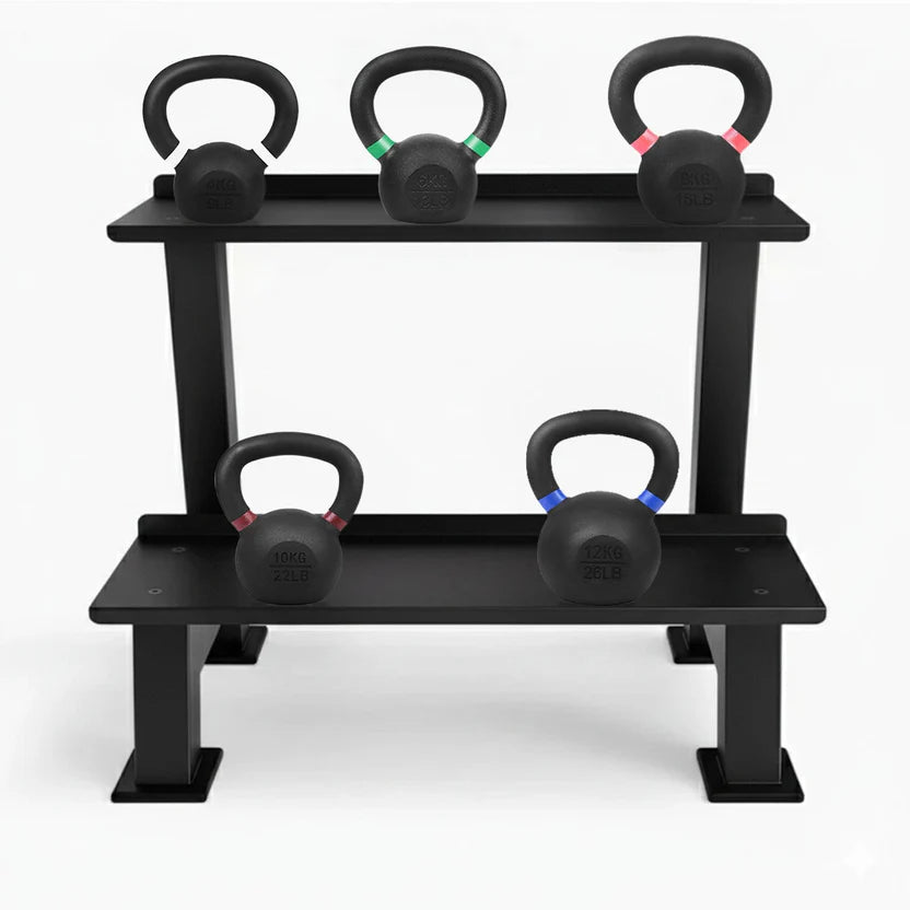 Black kettlebell with rack on a white background