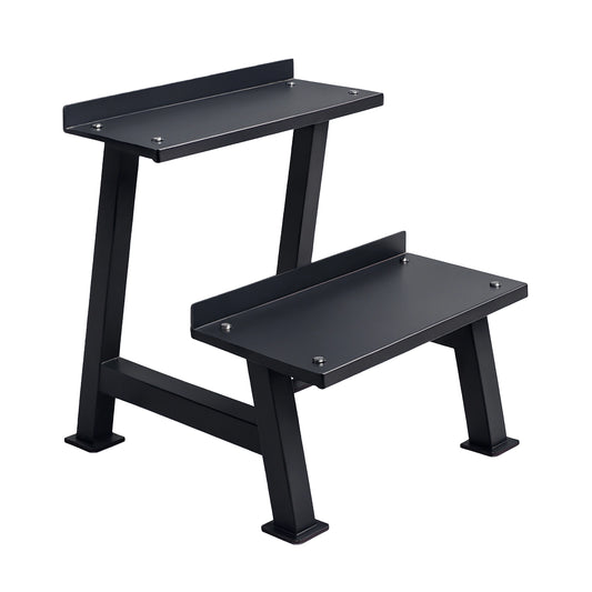 Black metal step stool on a white background