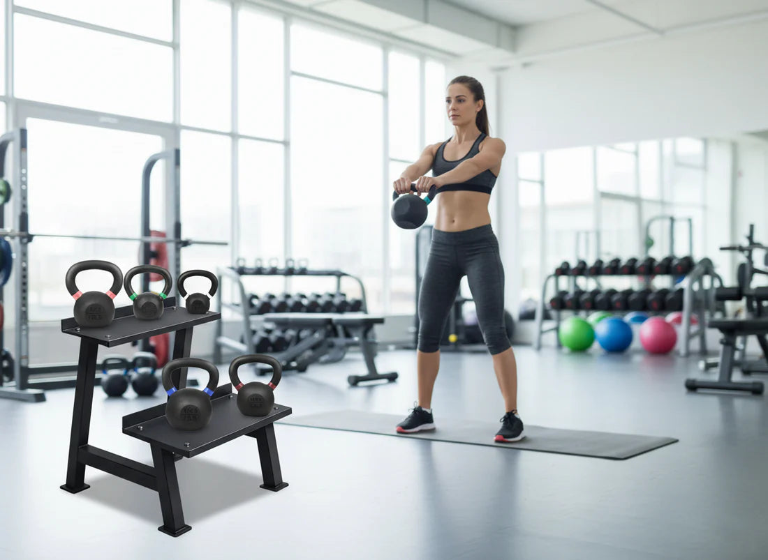 Woman exercising with kettlebells in a gym setting