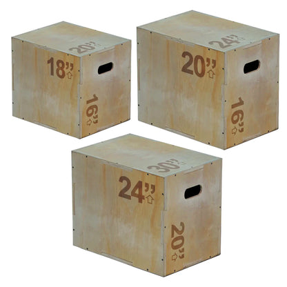 Three wooden boxes with varying sizes and measurements on a white background