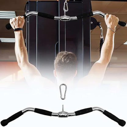Person using a pull-up bar in a gym setting with a close-up of the bar below.