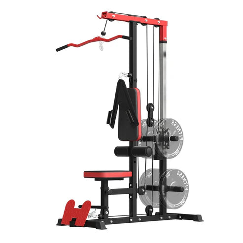 Gym machine with red and black design on a white background