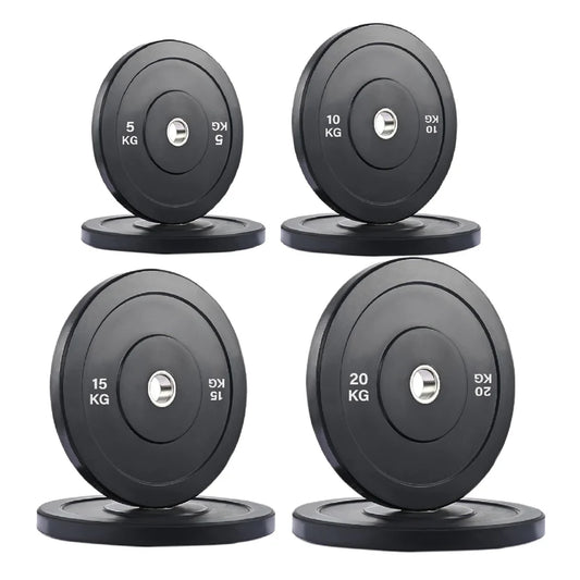 Set of four black weight plates with labeled weights on a white background