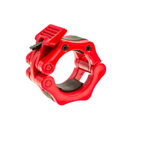 Red metal clamp on a white background