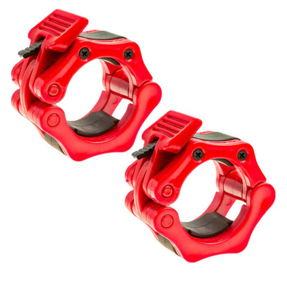 Two red weightlifting rings on a white background