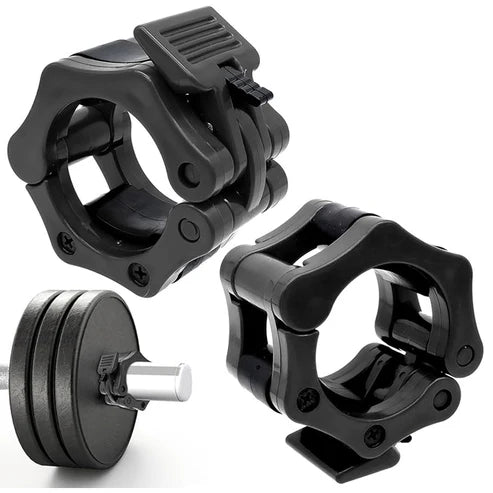 Black gym barbell rings with adjustable collars on a white background