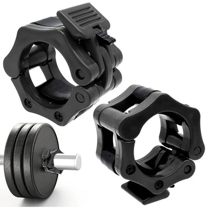 Black gym barbell rings with adjustable collars on a white background