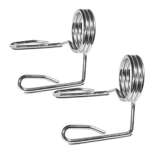 Two metal spring clips on a white background