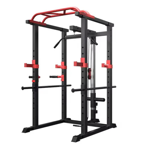 Black and red power rack on a white background