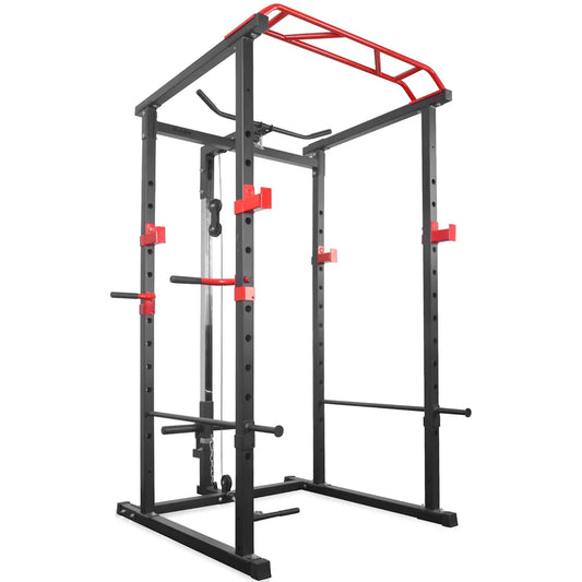 Black and red power rack on a white background