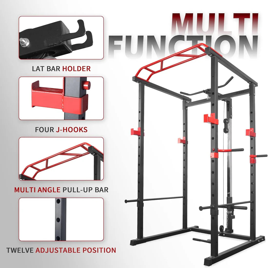 Multifunctional gym power rack with various attachments on a gray background