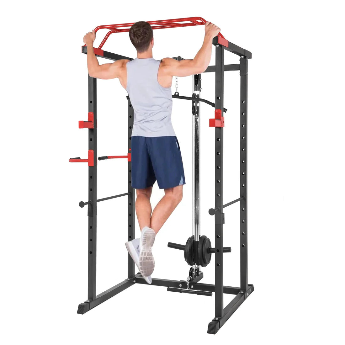 Person using a black and red power rack on a white background