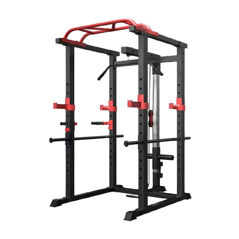 Black and red power rack on a white background