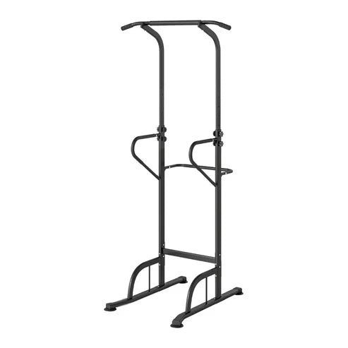 Black metal pull-up bar and weight rack on a white background