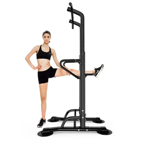 Woman using a black pull-up bar on a white background