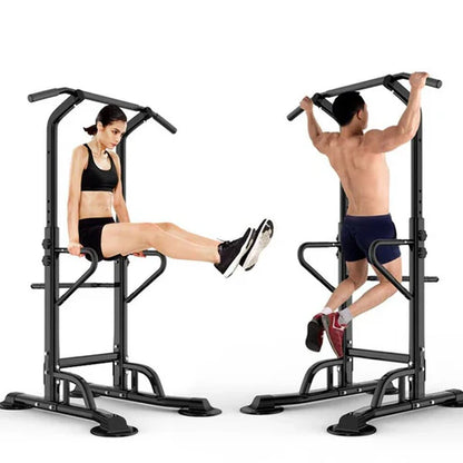 Two people using a black pull-up bar and squat rack on a white background