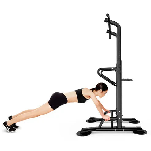 Person using a black fitness station on a white background