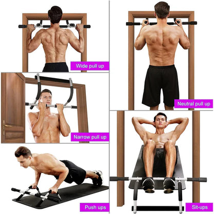 Man using a pull-up bar and weight bench set with various exercises demonstrated.