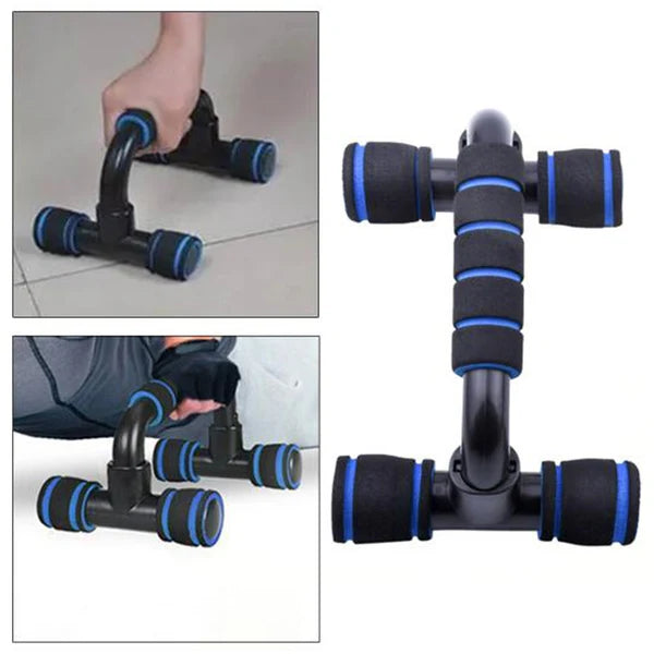 Black and blue exercise tool with handles on a white background