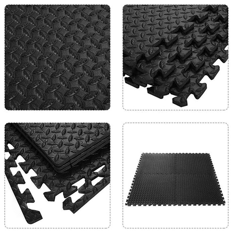 Black interlocking foam mats with textured surface and stackable design.