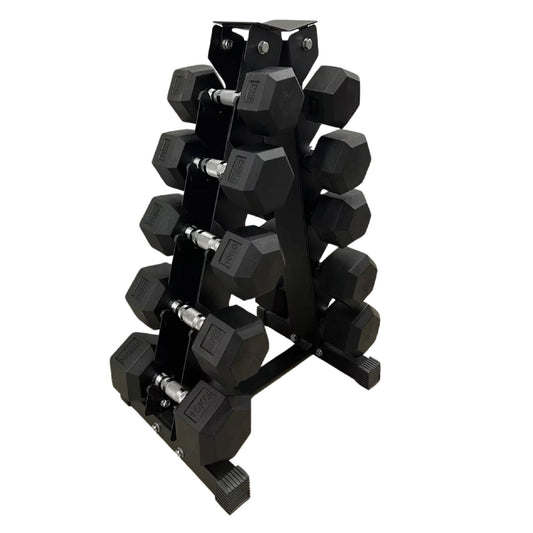 Complete Hex Dumbbell Set - 5 Pairs with 5-Tier Tree Rack - Rubber Coated Weights from 2.5kg to 25kg - Professional Grade Chrome/Rubber Grip Design - Ideal for Home & Commercial Gym Training