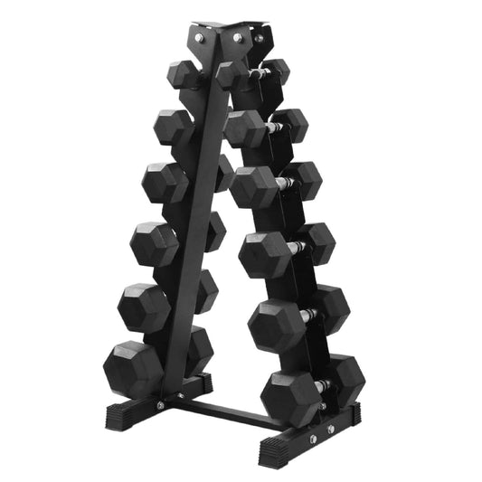 Premium Hex Dumbbell Set - 6 Pairs with Sturdy A6 Tree Rack - Complete Weight Training Solution - Rubber Coated Weights from 2.5kg to 15kg - Compact Storage for Home Gym or Commercial Fitness Space