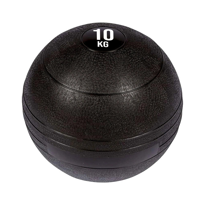 Black 10kg medicine ball on a white background