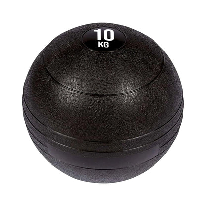 Black 10kg medicine ball on a white background