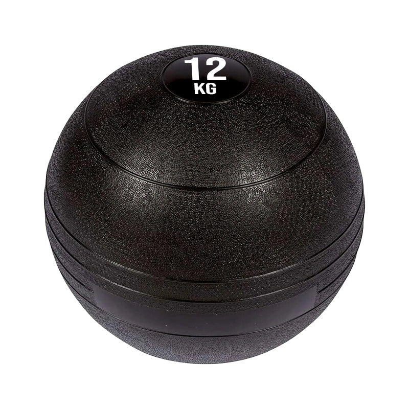 Black exercise ball with '12 KG' marking on a white background