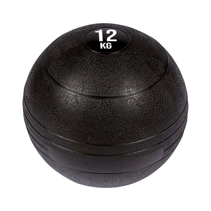 Black exercise ball with '12 KG' marking on a white background