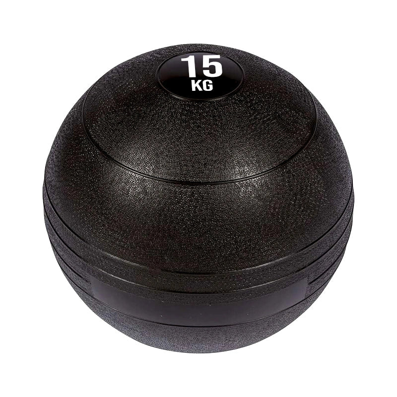Black weighted ball with '15 KG' marking on a white background