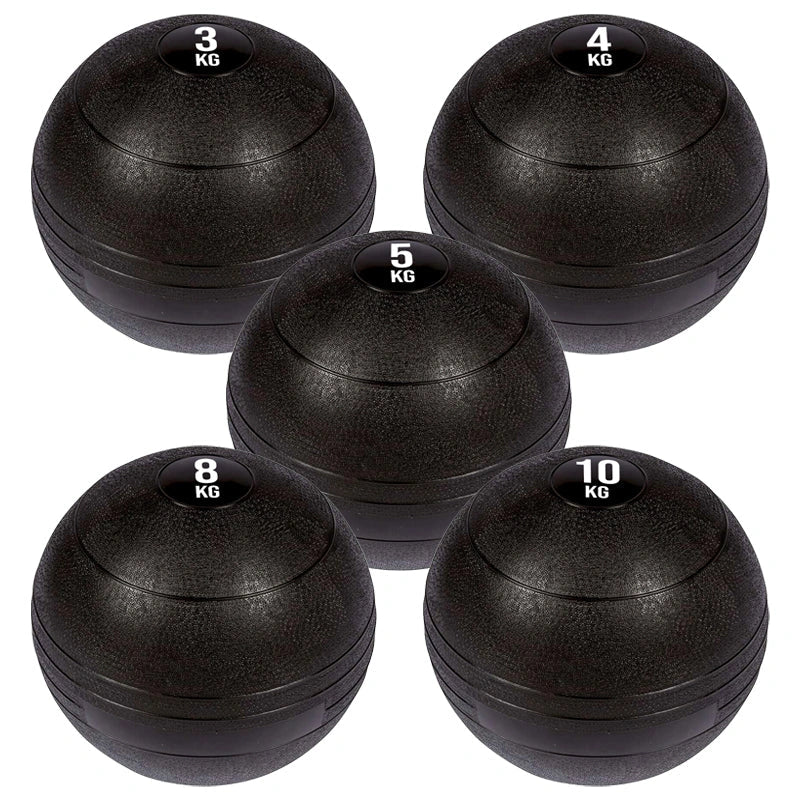 Set of five black weighted balls with weight markings on a white background