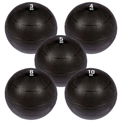 Set of five black weighted balls with weight markings on a white background