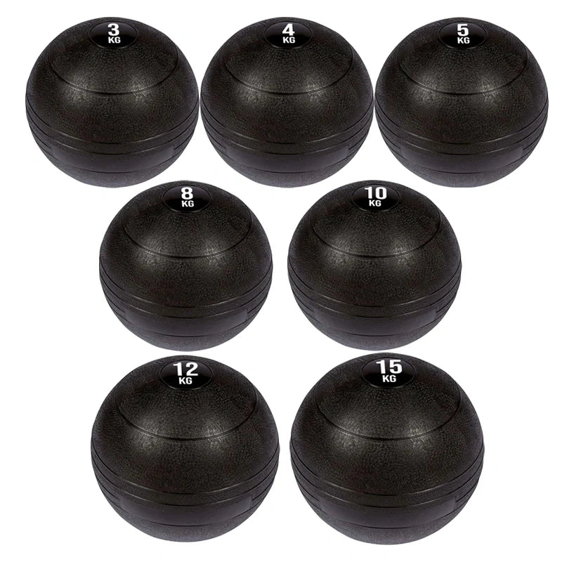 Set of five black weight balls with weight markings on a white background
