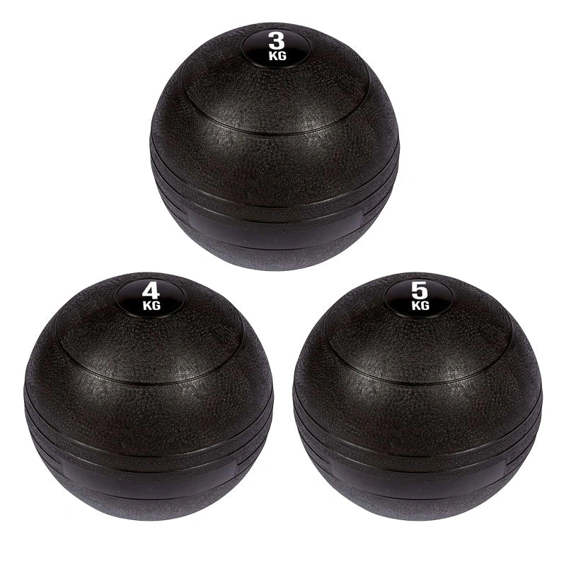 Three black weighted balls with weight markings on a white background
