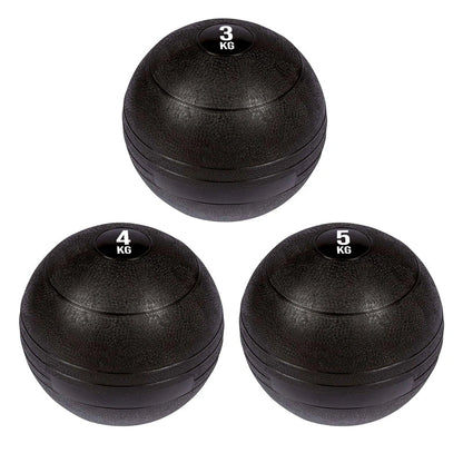 Three black weighted balls with weight markings on a white background