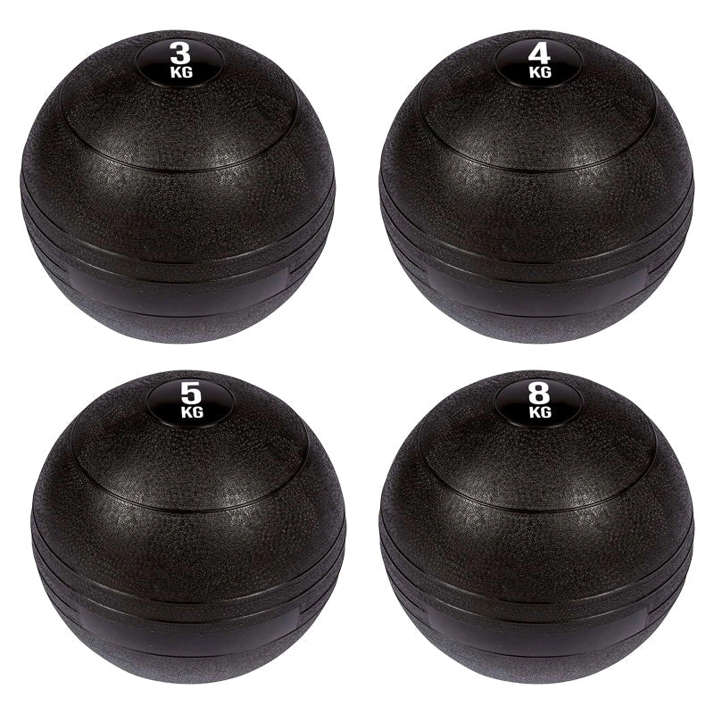 Four black weighted balls with different weights on a white background