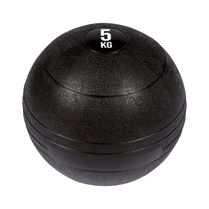 Black 5 kg slam ball on a white background