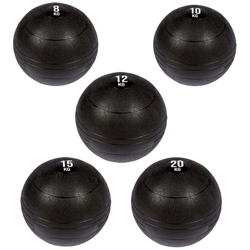 Set of five black weight balls with weight markings on a white background