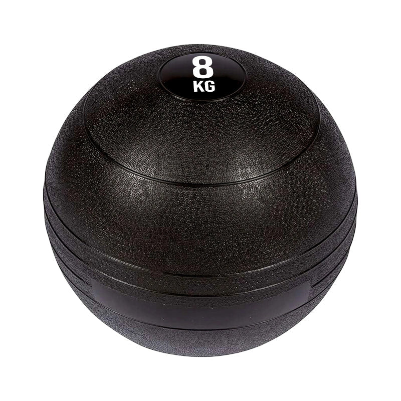 Black 8 kg medicine ball on a white background