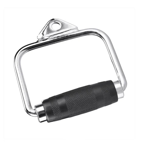 Metallic door handle with black rubber grip on a white background