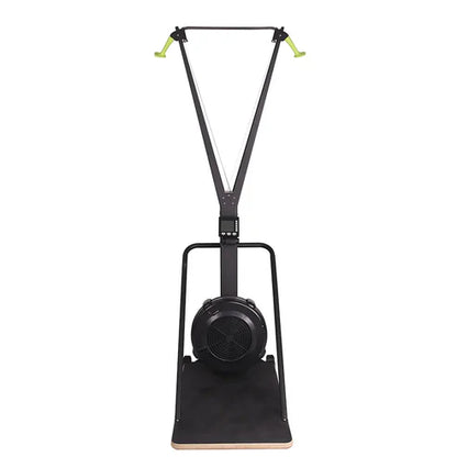 Black exercise device with a circular component on a white background