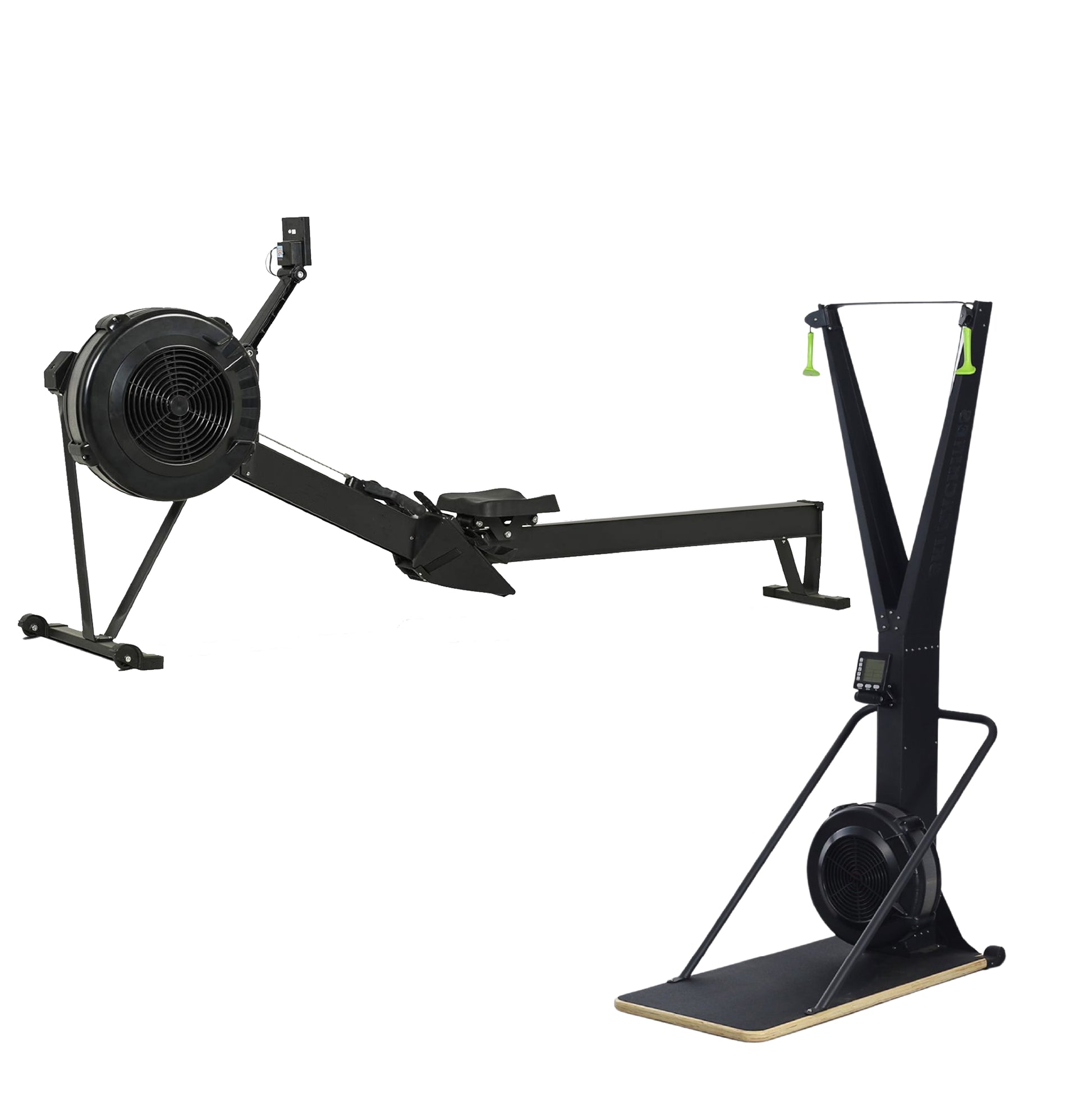 Black rowing machine on a white background