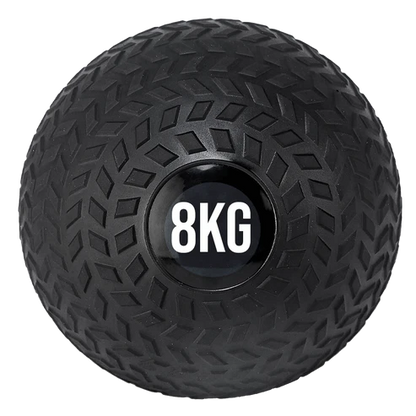 Four black slam balls with labeled weights on a white background