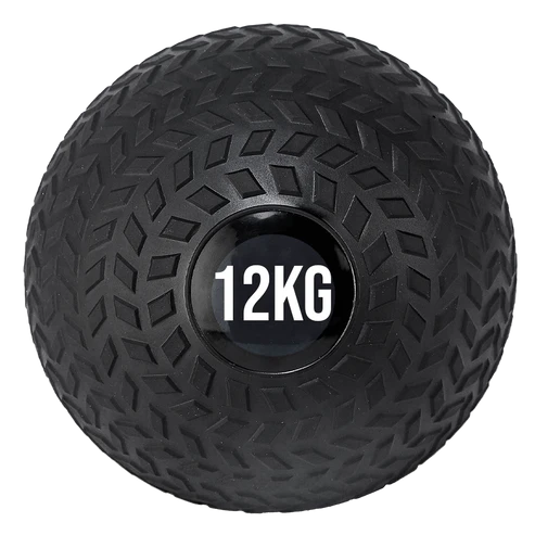 Black exercise ball with '12KG' marking on a white background