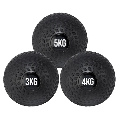 Three black weighted balls with 3kg, 4kg, and 5kg labels on a white background