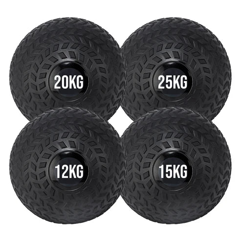 Four black slam balls with labeled weights on a white background
