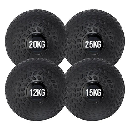 Four black slam balls with labeled weights on a white background