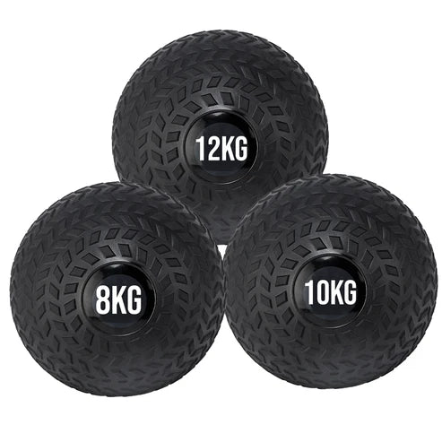 Four black slam balls with labeled weights on a white background